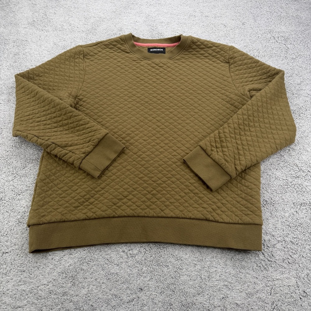 Bonobos Sweatshirt Men Large Olive Green Diamond Quilted Textured Crew Cuff Soft